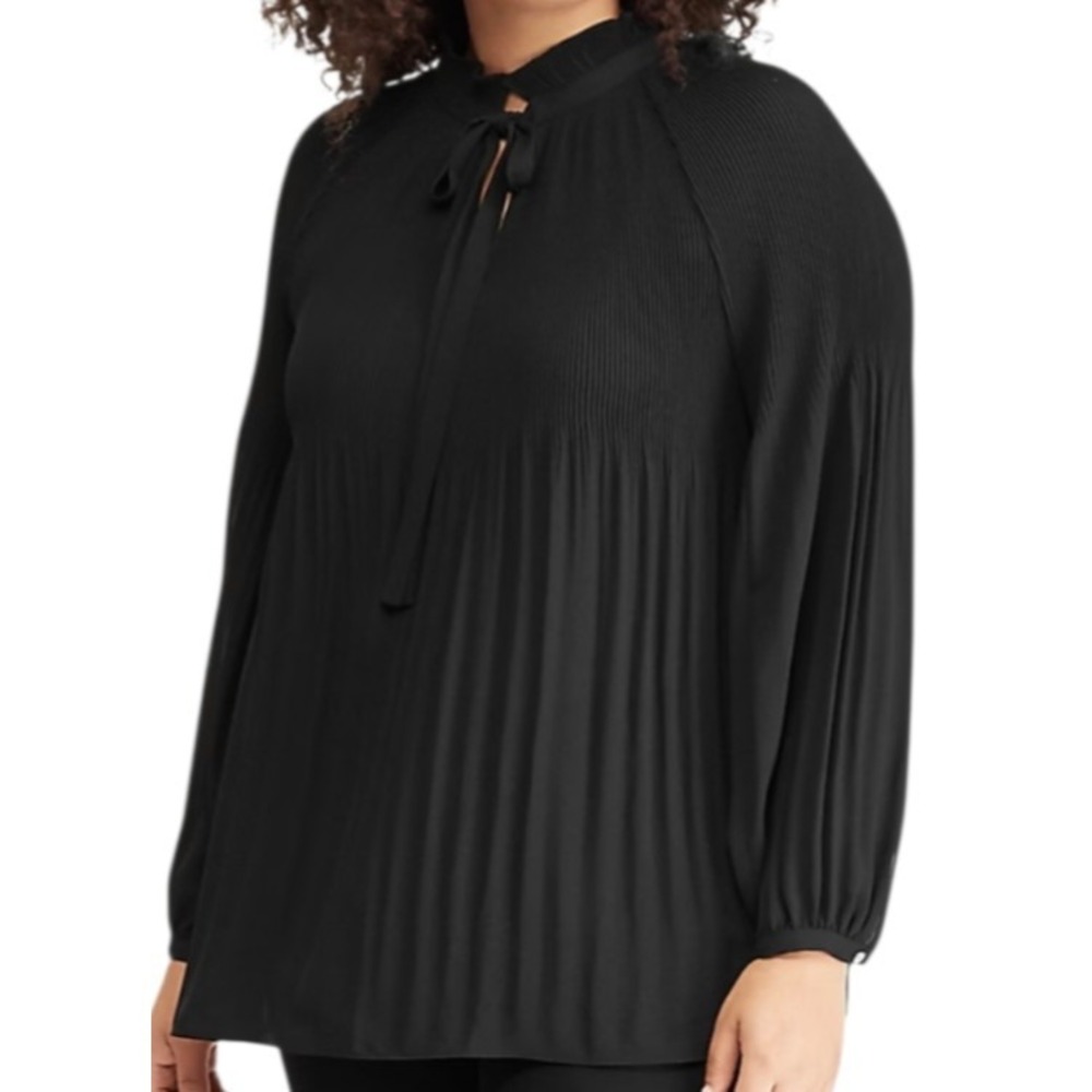 Lauren‎ Ralph Lauren Black Pleated Georgette Tie Neck Blouse SZ XL Classic NWT